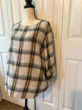 J. Jill Cream Plaid Popover Scoop-Neck Tunic with Mustard and Sage Accents XLP